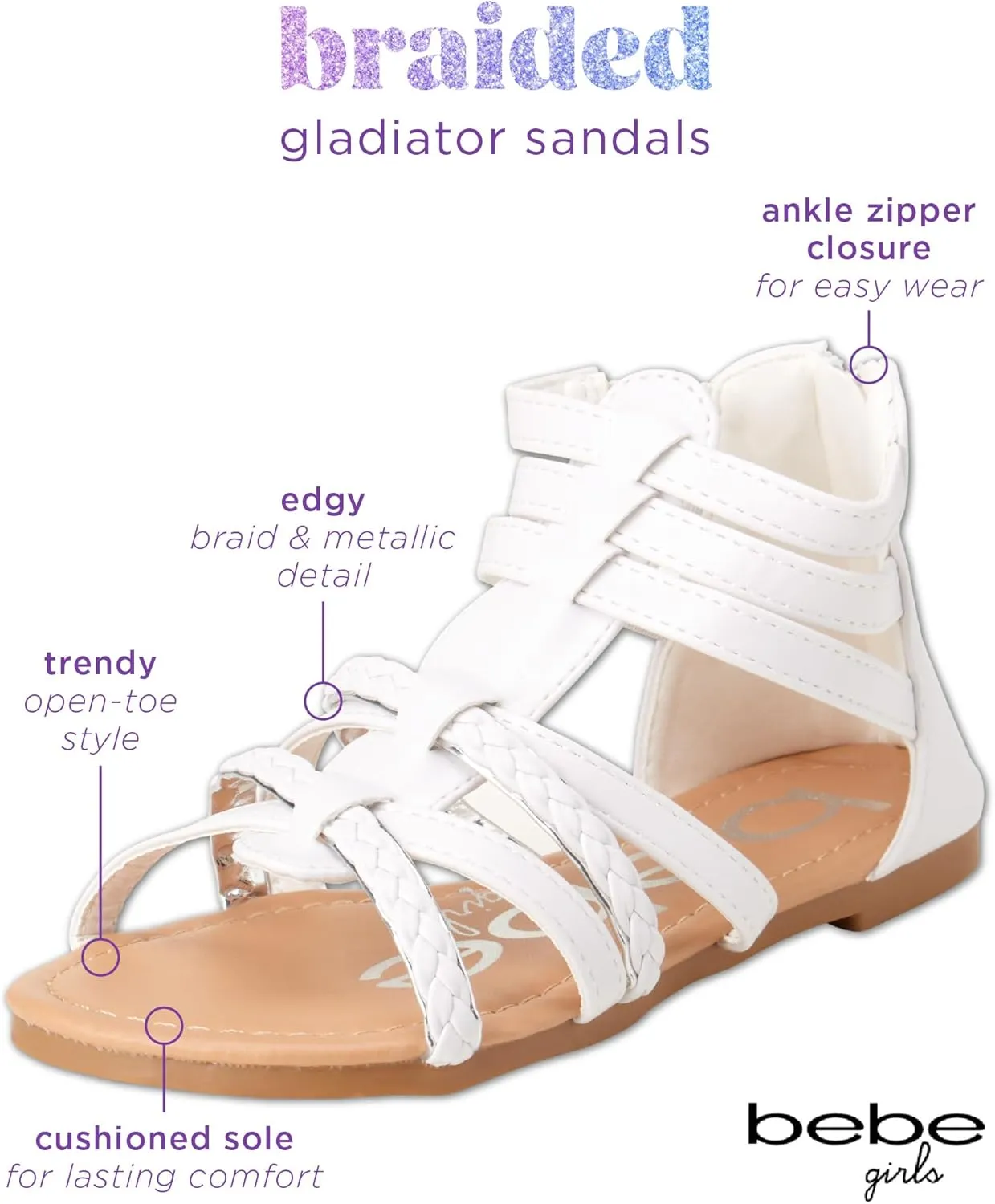 bebe Girls Sandals - Cute Open Toe Braided Strappy Gladiator Summer Sandals, Flower Girl Dress Shoes for Easter Beach Party