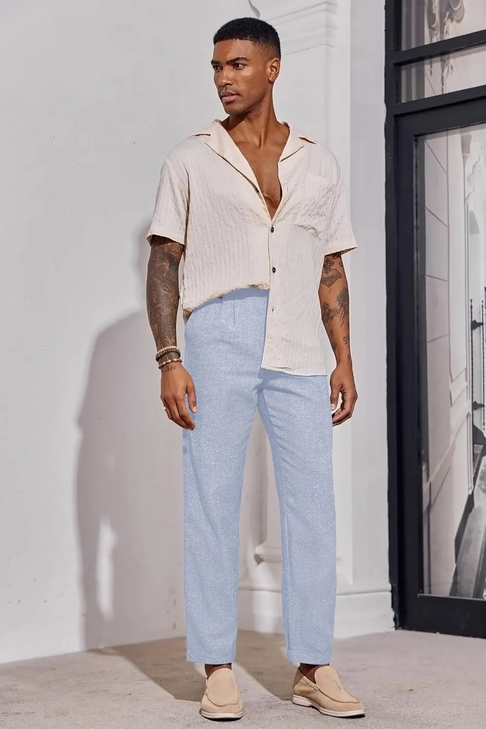 Beotyshow Mens Linen Pants Casual Elastic Waist Trousers Summer Beach Lightweight Pants
