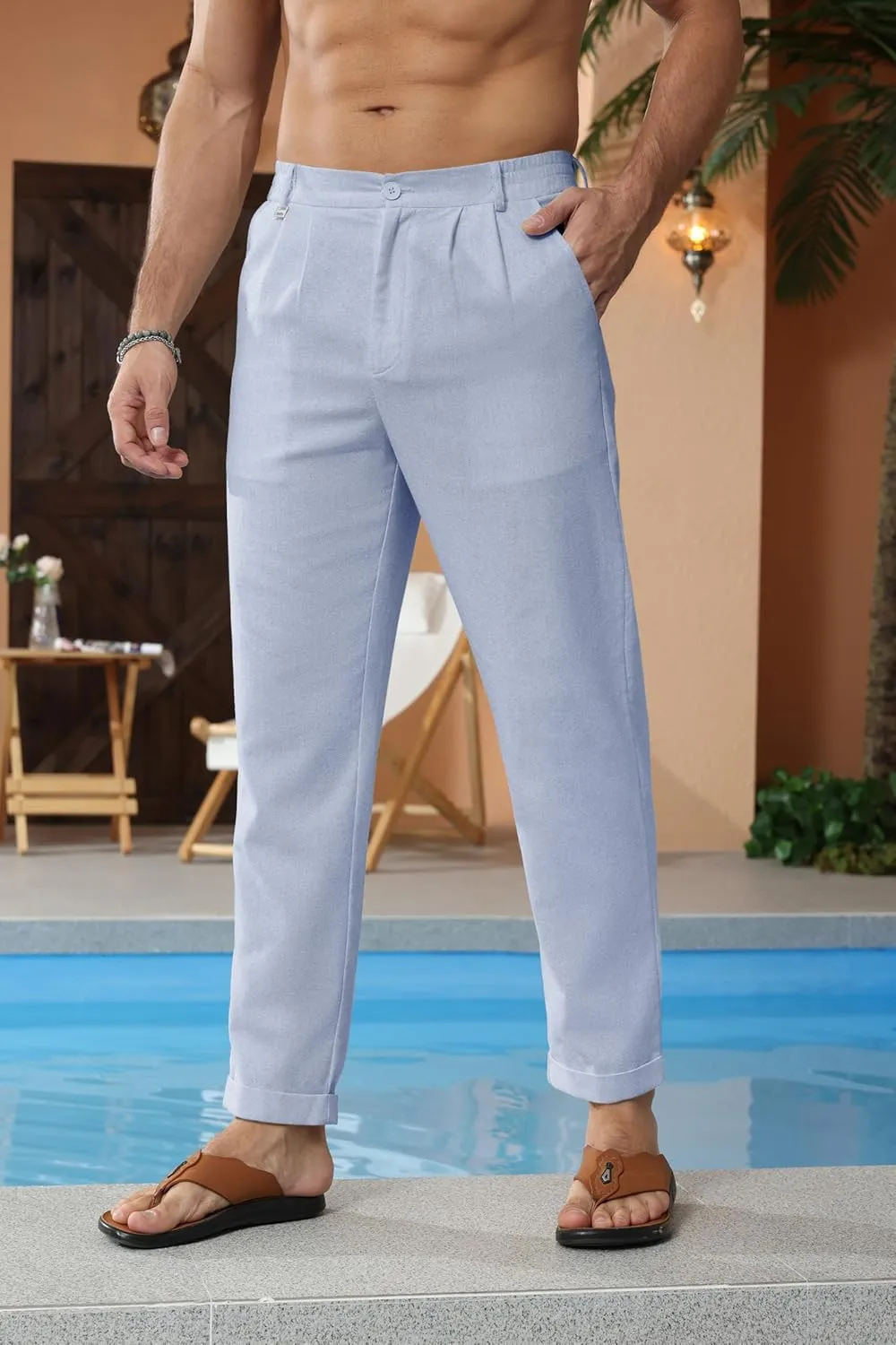 Beotyshow Mens Linen Pants Casual Elastic Waist Trousers Summer Beach Lightweight Pants