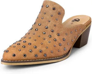 Bigwow Fashion Women's Rivet Chunky Block Heel Mules Closed Point Toe Clogs Backless Pumps Slip On Slides Casual Dressy Sandal Shoes