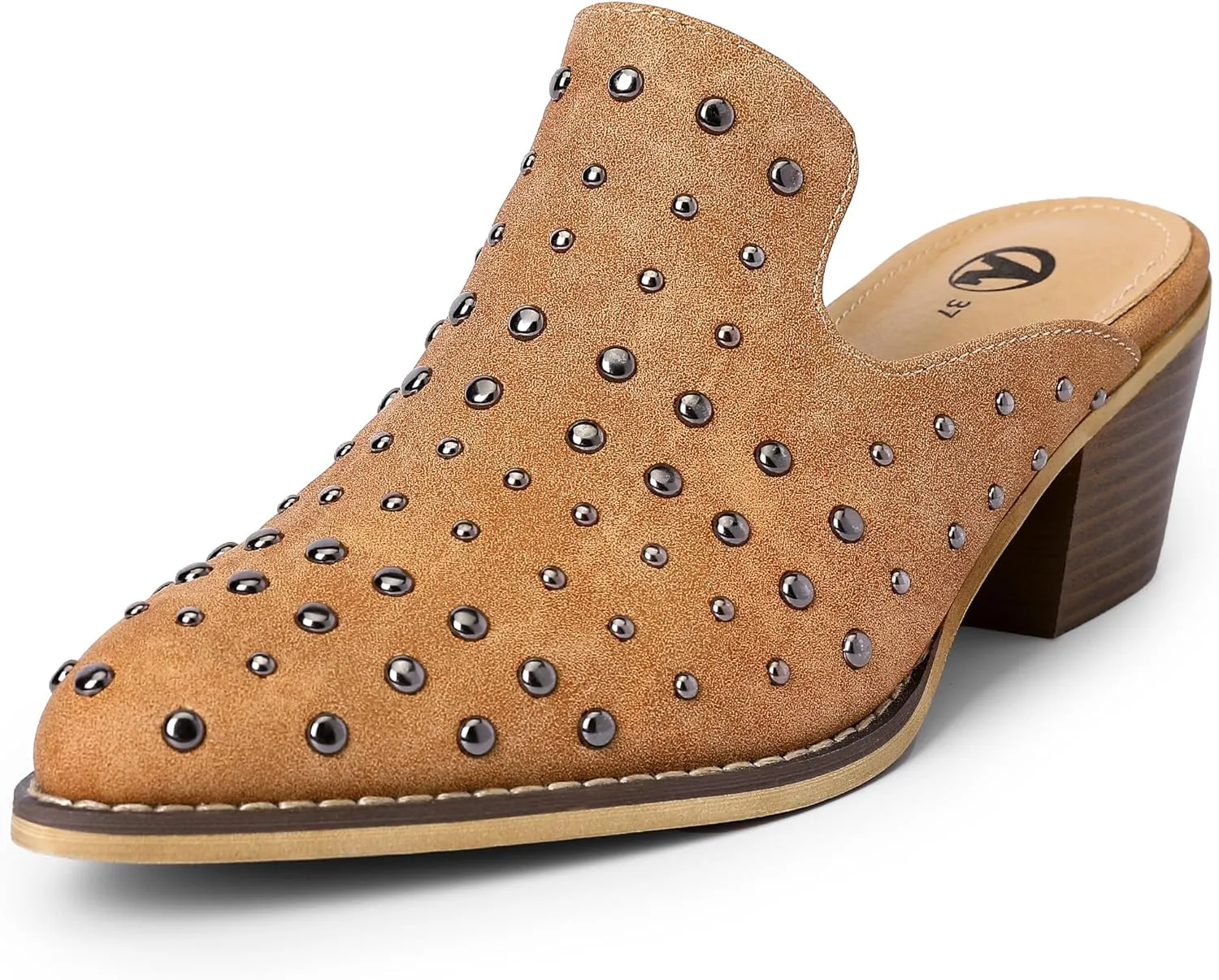 Bigwow Fashion Women's Rivet Chunky Block Heel Mules Closed Point Toe Clogs Backless Pumps Slip On Slides Casual Dressy Sandal Shoes