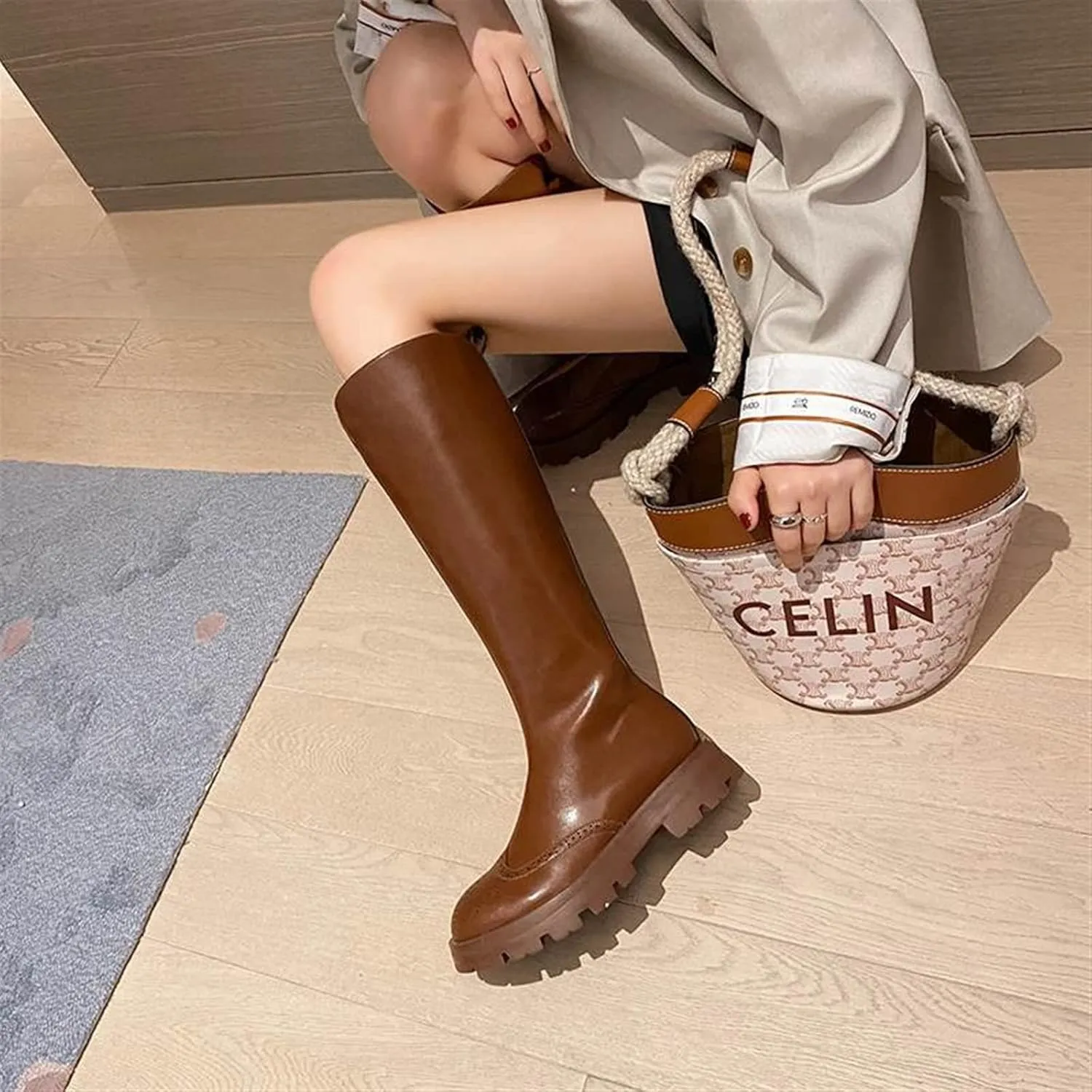 Boots For Women Cowhide round head medium heel equestrian boots zipper winter knee length boots (Color : Beige, Size : 4)