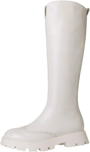 Boots For Women Cowhide round head medium heel equestrian boots zipper winter knee length boots (Color : Beige, Size : 4)