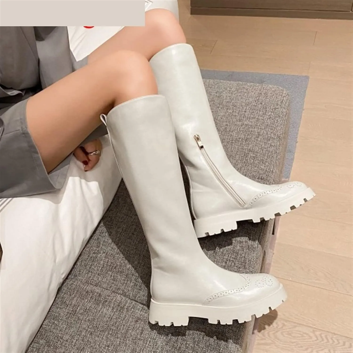 Boots For Women Cowhide round head medium heel equestrian boots zipper winter knee length boots (Color : Beige, Size : 4)