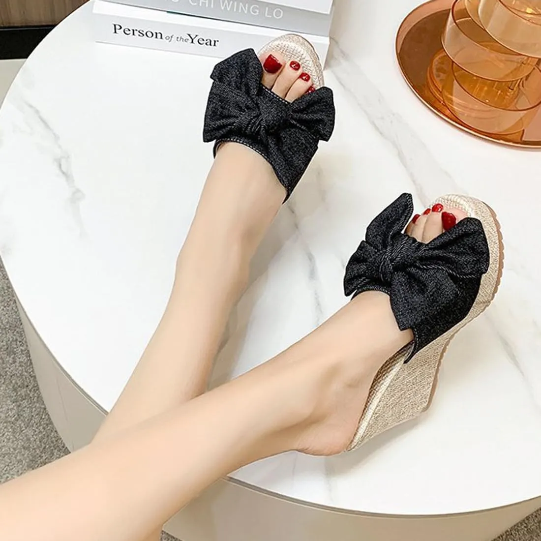 Bow Wedge Sandals for Women Platform Sandals Slides Open Toe Slip On Casual Summer Mules High Heels