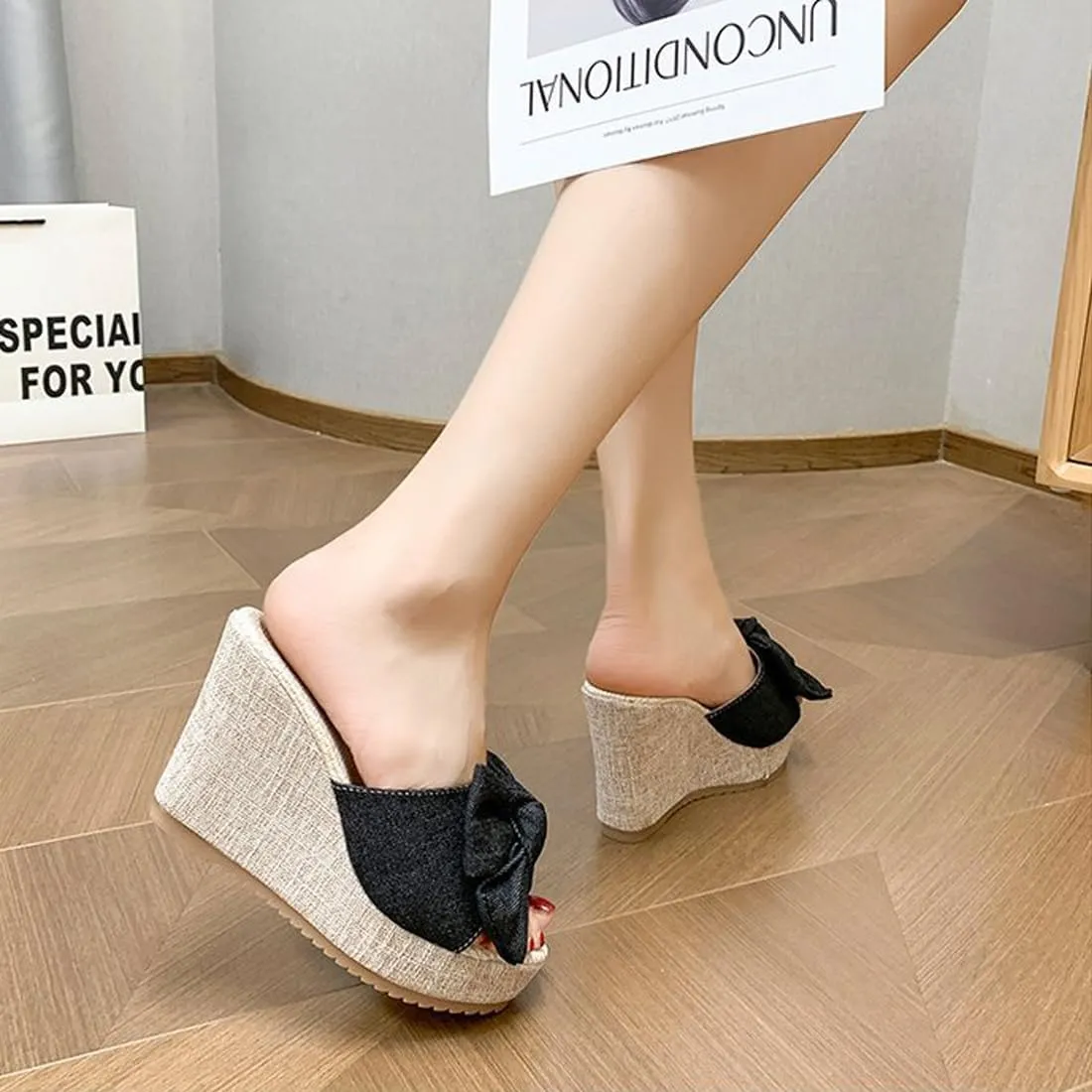 Bow Wedge Sandals for Women Platform Sandals Slides Open Toe Slip On Casual Summer Mules High Heels