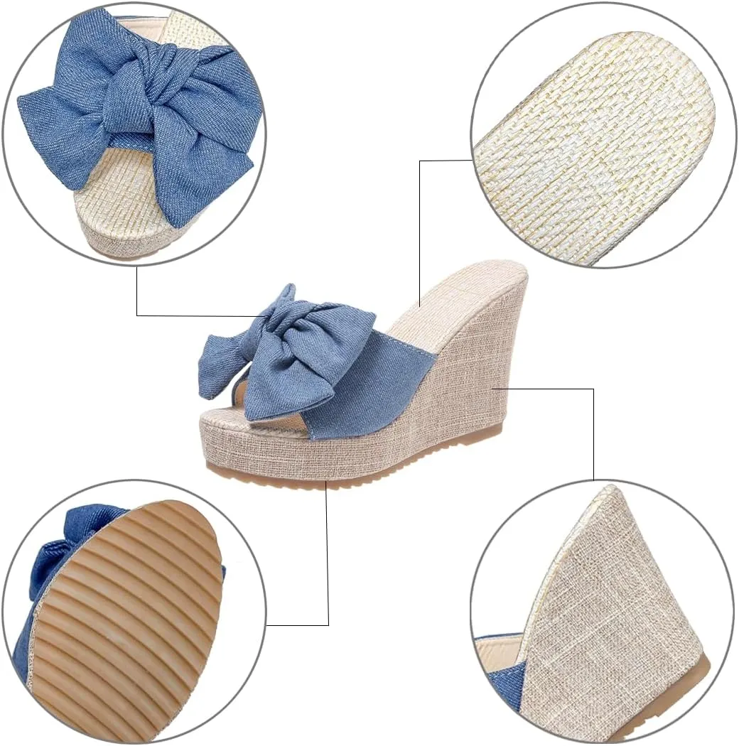 Bow Wedge Sandals for Women Platform Sandals Slides Open Toe Slip On Casual Summer Mules High Heels