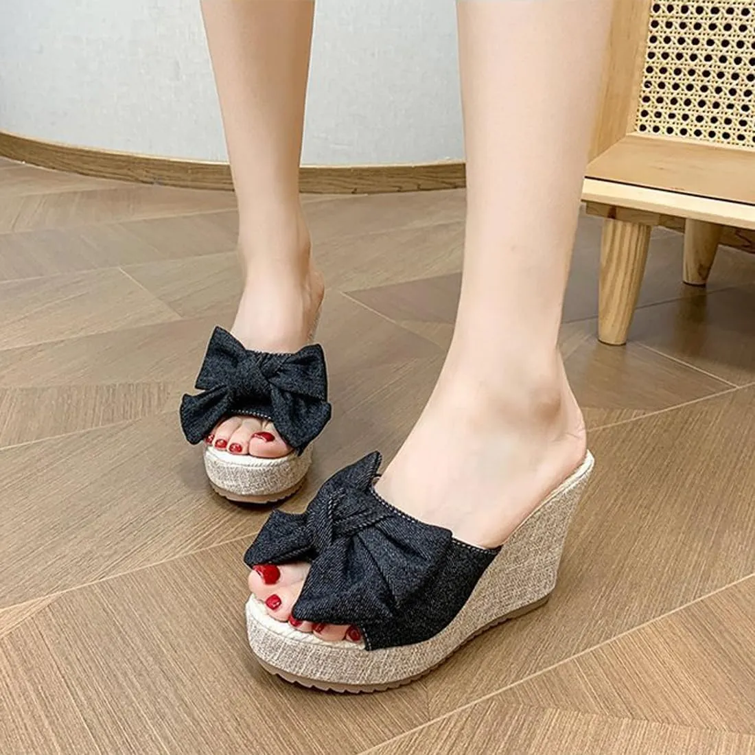 Bow Wedge Sandals for Women Platform Sandals Slides Open Toe Slip On Casual Summer Mules High Heels