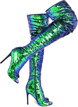 CAMSSOO Thigh High Boots Women's Sequins Over The Knee Boots Fashion Sexy High Heels Sparkle Thigh High Boots Open Toe Party Dance Stiletto Knee High Boots