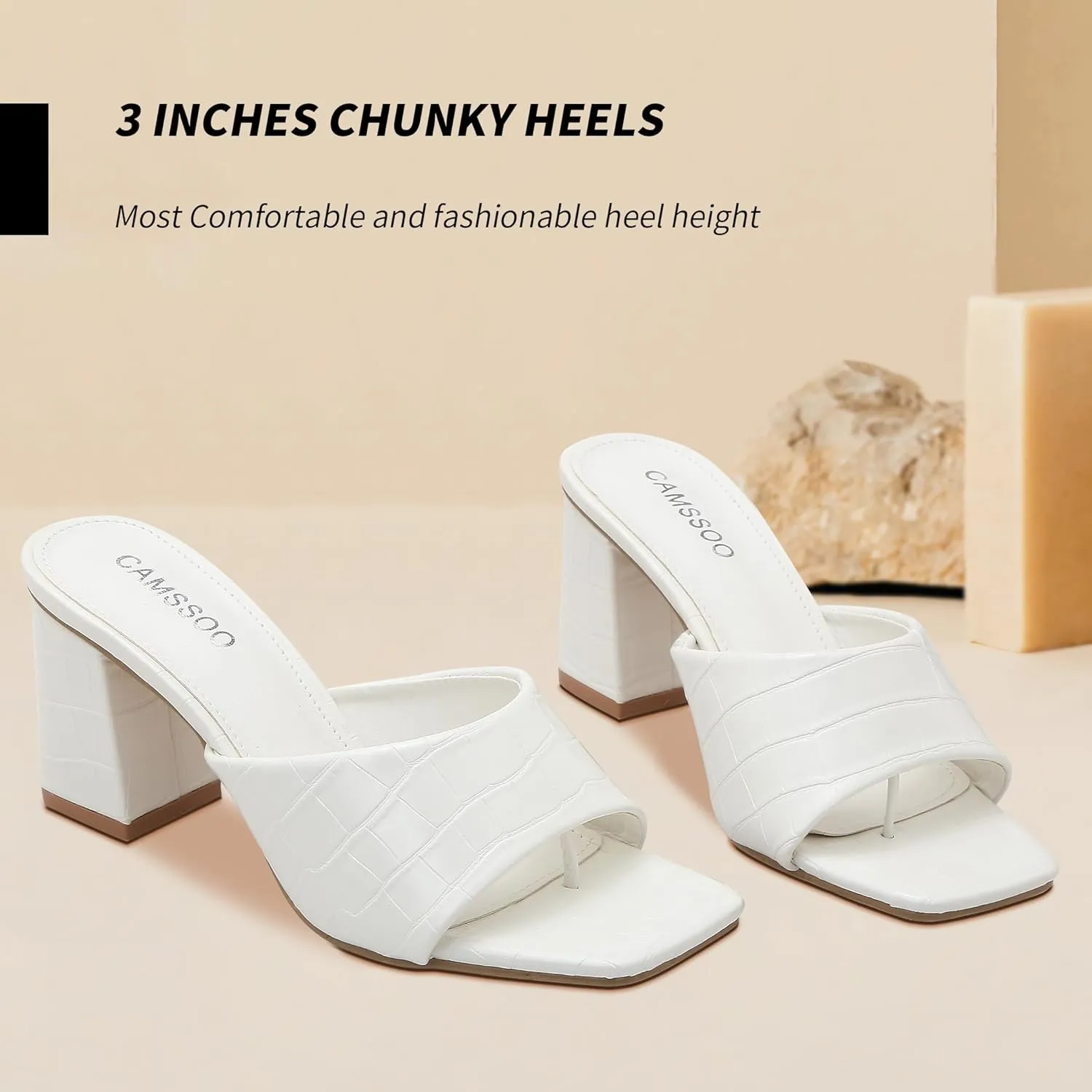CAMSSOO Women's Square Open Toe Heeled Mules Flip Flops Chunky Heels Slip On Sandals Block High Heel Fashion Wedding Dress Shoes