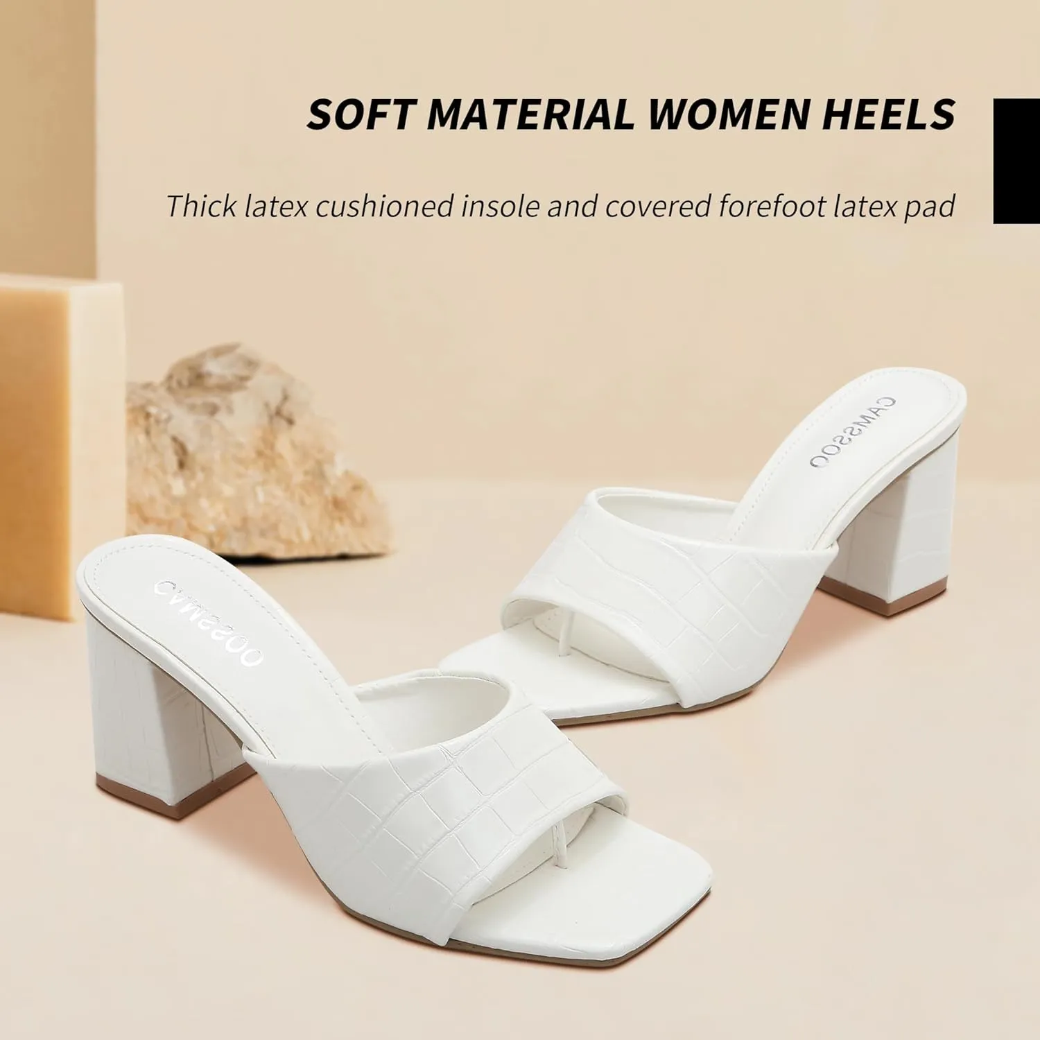CAMSSOO Women's Square Open Toe Heeled Mules Flip Flops Chunky Heels Slip On Sandals Block High Heel Fashion Wedding Dress Shoes