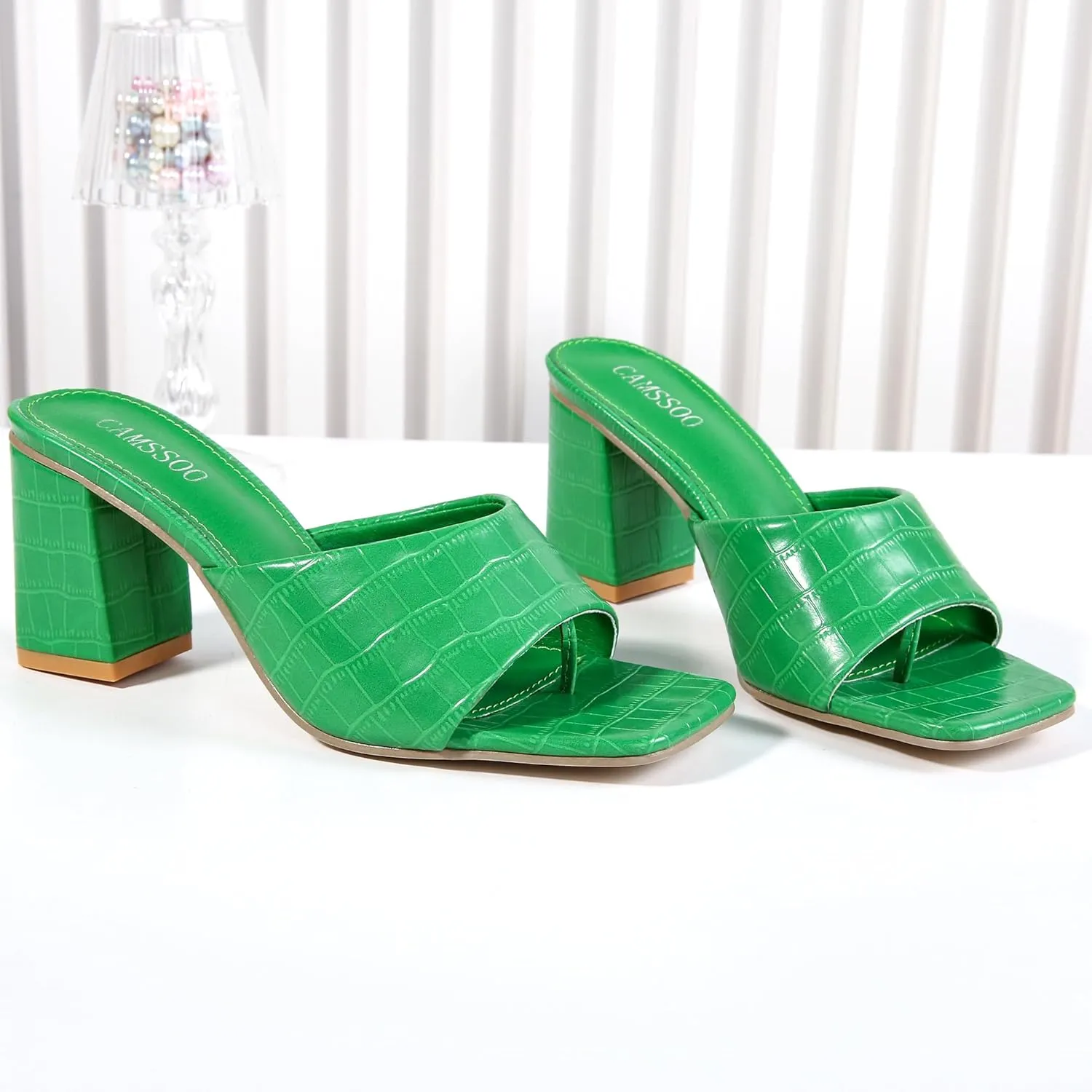CAMSSOO Women's Square Open Toe Heeled Mules Flip Flops Chunky Heels Slip On Sandals Block High Heel Fashion Wedding Dress Shoes