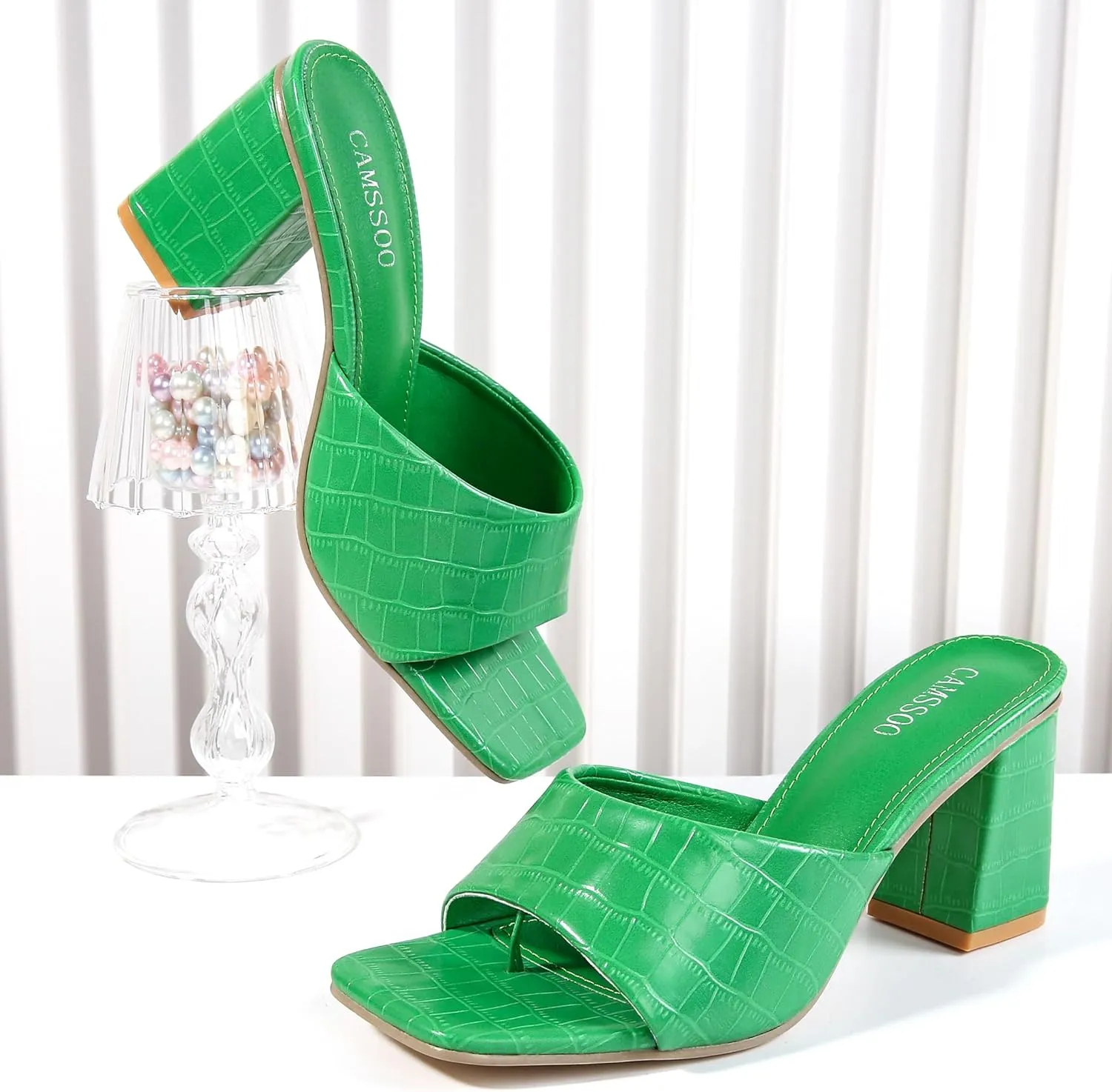 CAMSSOO Women's Square Open Toe Heeled Mules Flip Flops Chunky Heels Slip On Sandals Block High Heel Fashion Wedding Dress Shoes
