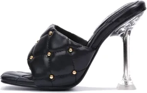 Cape Robbin Cecilla Sexy Quilted Stiletto High Heels for Women, Clear Slip On Heeled Mule Shoes with Balls Decoration - Black Size 10