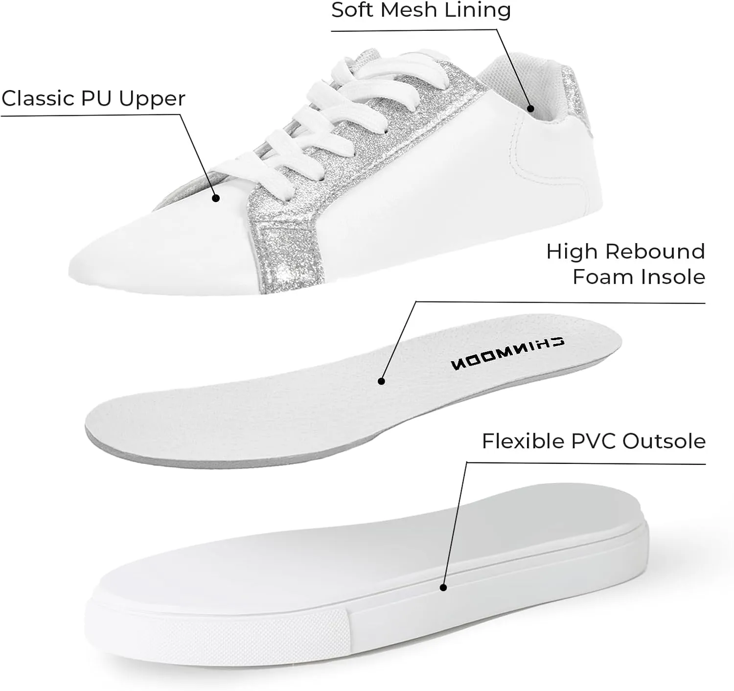 CHIN·MOON Women's Fashion Sneakers White PU Leather Casual Shoes Low Top Lace Up Tennis Sneakers