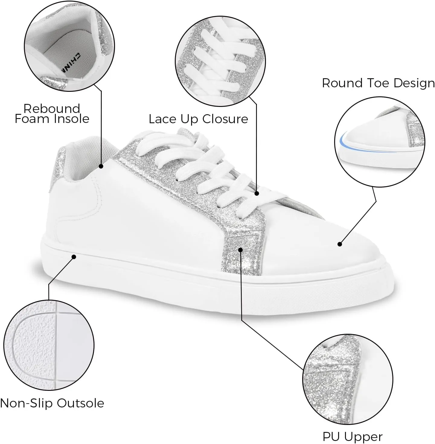 CHIN·MOON Women's Fashion Sneakers White PU Leather Casual Shoes Low Top Lace Up Tennis Sneakers