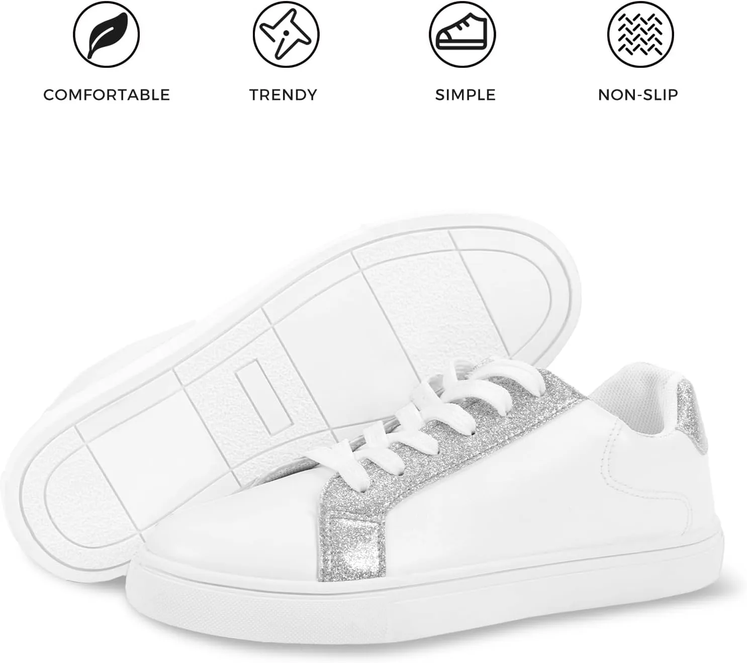 CHIN·MOON Women's Fashion Sneakers White PU Leather Casual Shoes Low Top Lace Up Tennis Sneakers