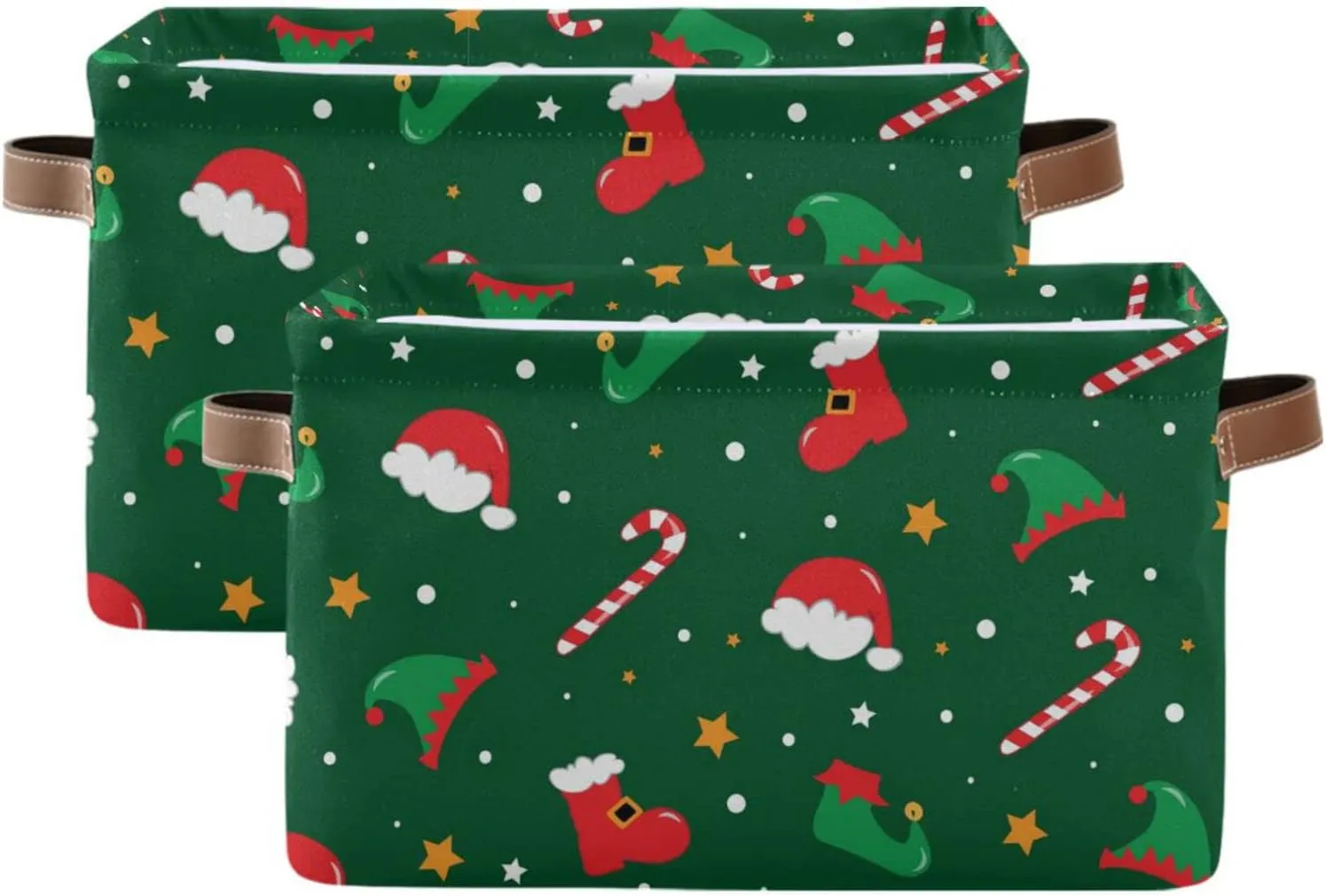 Christmas Santa Boots Elf Hat Shoes Large Storage Basket Candy Cane Nursery Bins Collapsible Clothes Laundry Hamper with Handles for Home Living Room Bedroom Closet Toys Blankets Organizing 1 Pcs