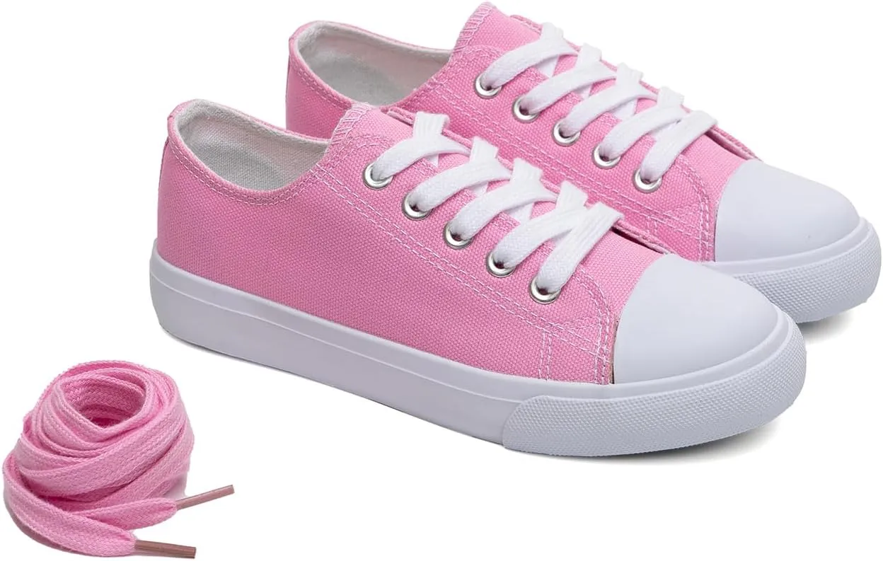 Classic Unisex Low-Top Canvas Sneakers – Boys Girls and Toddler Casual Lace-Up Shoes with Rubber Sole, Includes Extra White Shoelaces