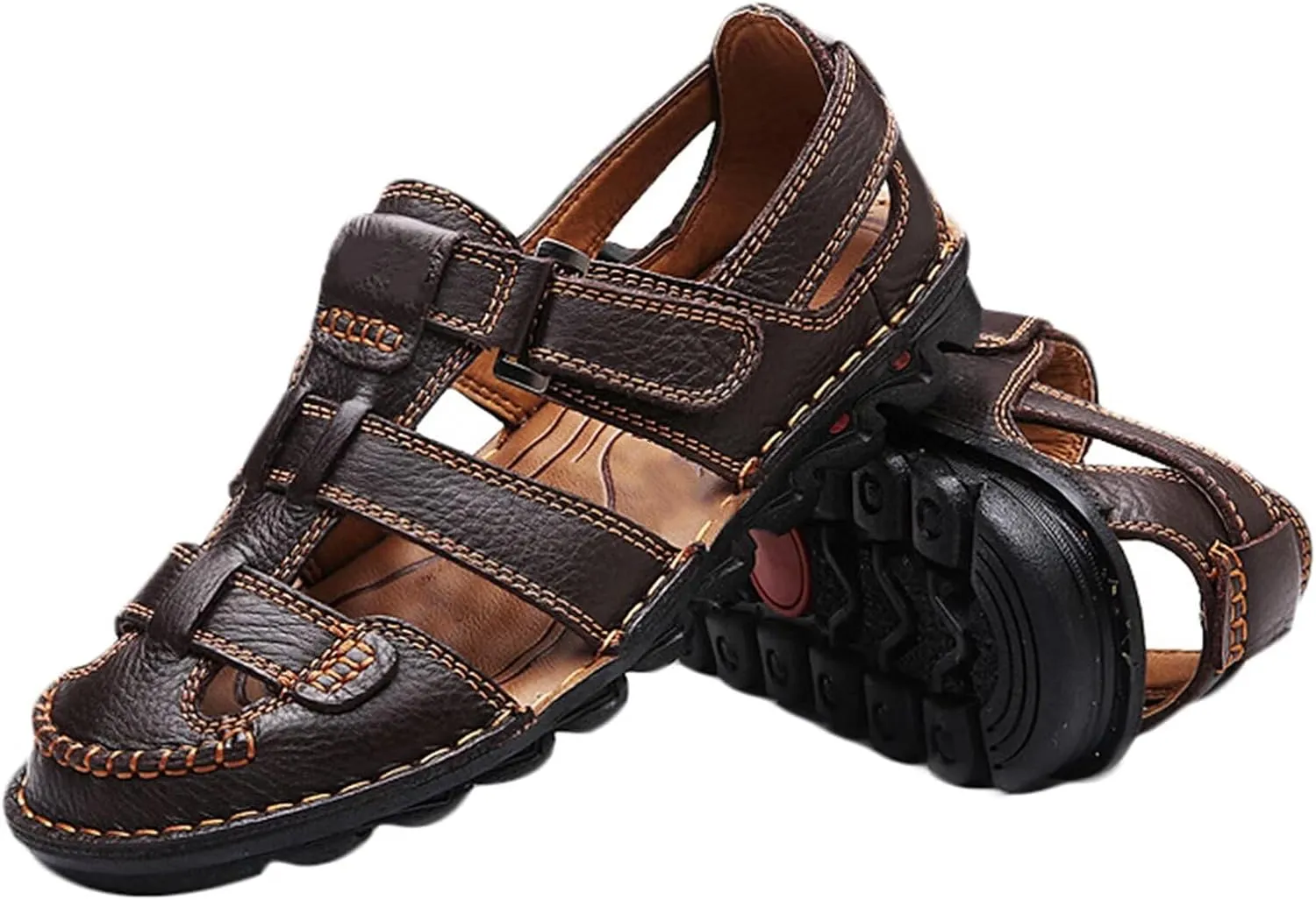 Closed Toe Hiking Sandals Men Leather Casual Trekking Sandals Summer Beach Shoes Sports Outdoor Sandals Breathable Walking Sandals