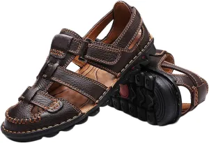 Closed Toe Hiking Sandals Men Leather Casual Trekking Sandals Summer Beach Shoes Sports Outdoor Sandals Breathable Walking Sandals