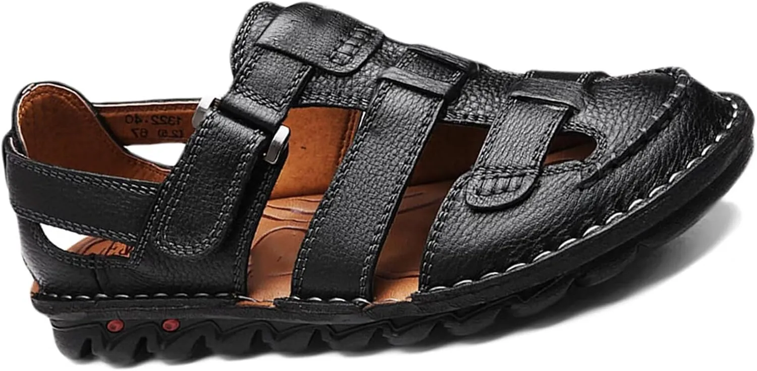 Closed Toe Sandals Leather Sports Outdoor Sandals Summer Waterproof Men's Beach Shoes Casual Trekking Walking Hiking Sandals