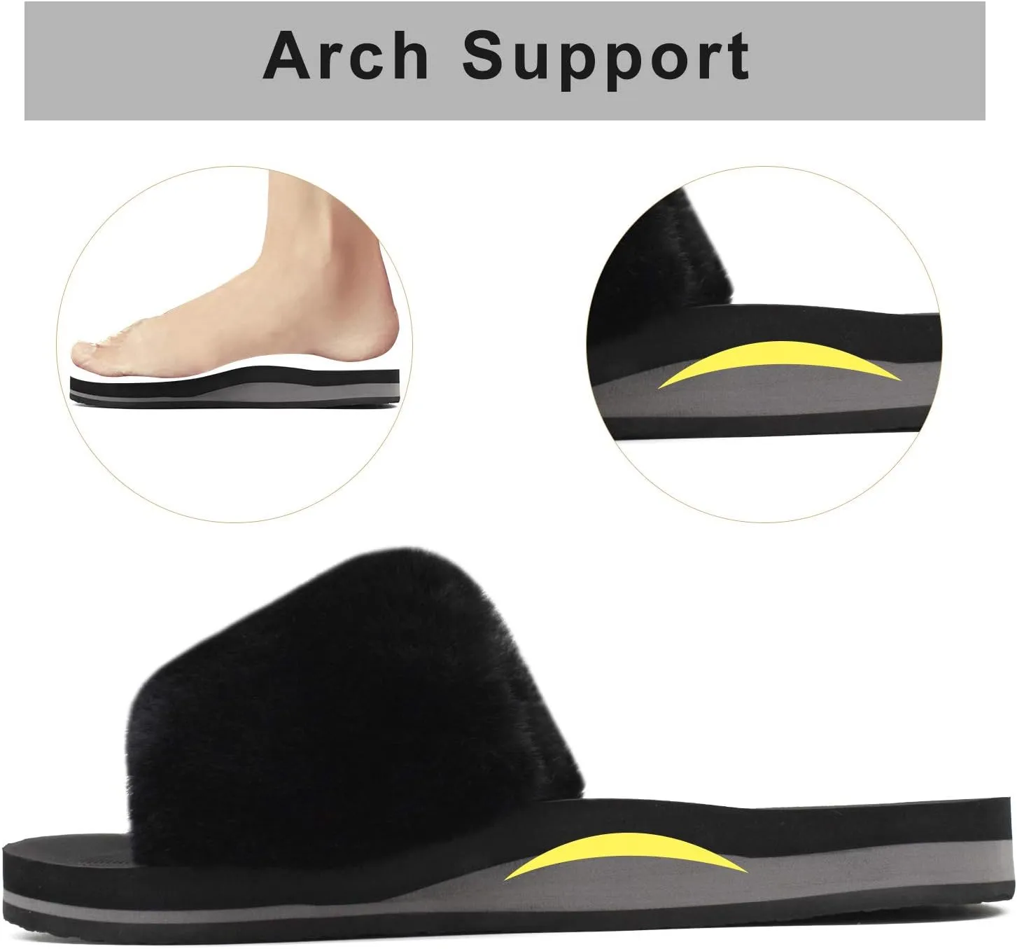 COFACE Womens Slides Fuzzy Slippers Open Toe Fluff Slippers With Arch Support Plantar Fasciitis Orthotic Slippers Women House Shoes