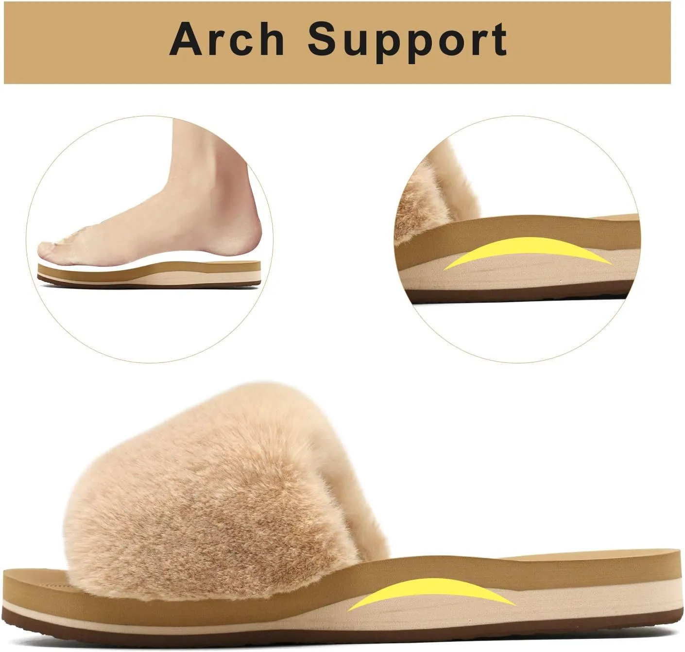 COFACE Womens Slides Fuzzy Slippers Open Toe Fluff Slippers With Arch Support Plantar Fasciitis Orthotic Slippers Women House Shoes