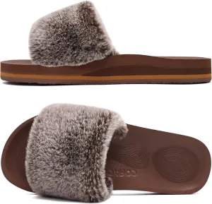 COFACE Womens Slides Fuzzy Slippers Open Toe Fluff Slippers With Arch Support Plantar Fasciitis Orthotic Slippers Women House Shoes