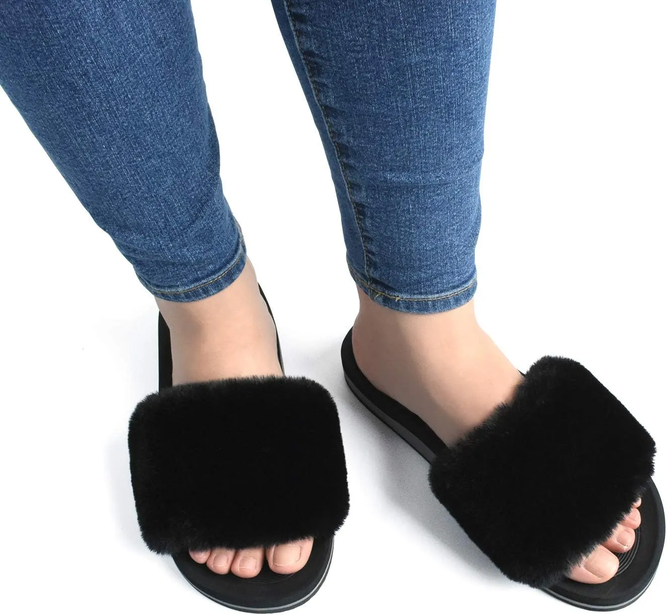 COFACE Womens Slides Fuzzy Slippers Open Toe Fluff Slippers With Arch Support Plantar Fasciitis Orthotic Slippers Women House Shoes