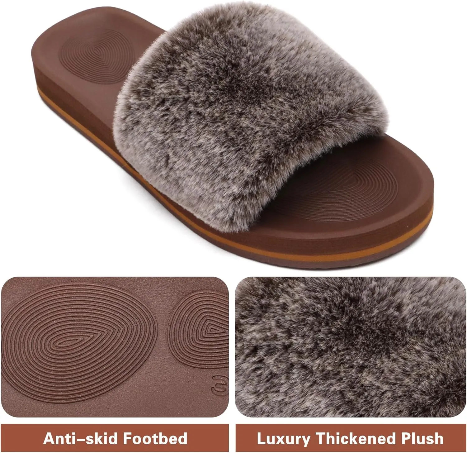 COFACE Womens Slides Fuzzy Slippers Open Toe Fluff Slippers With Arch Support Plantar Fasciitis Orthotic Slippers Women House Shoes