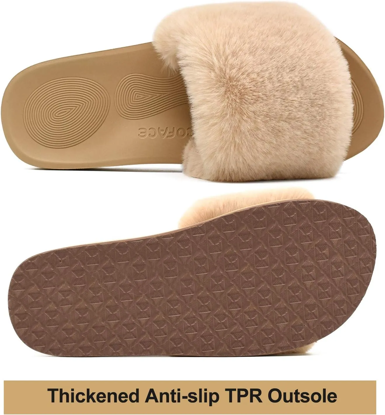 COFACE Womens Slides Fuzzy Slippers Open Toe Fluff Slippers With Arch Support Plantar Fasciitis Orthotic Slippers Women House Shoes
