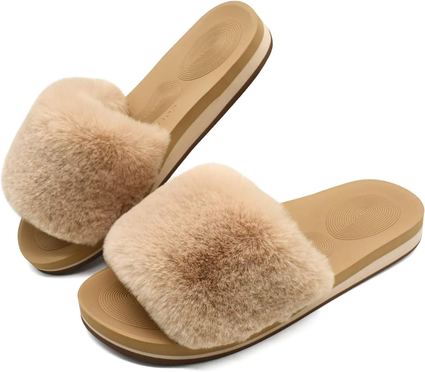 COFACE Womens Slides Fuzzy Slippers Open Toe Fluff Slippers With Arch Support Plantar Fasciitis Orthotic Slippers Women House Shoes