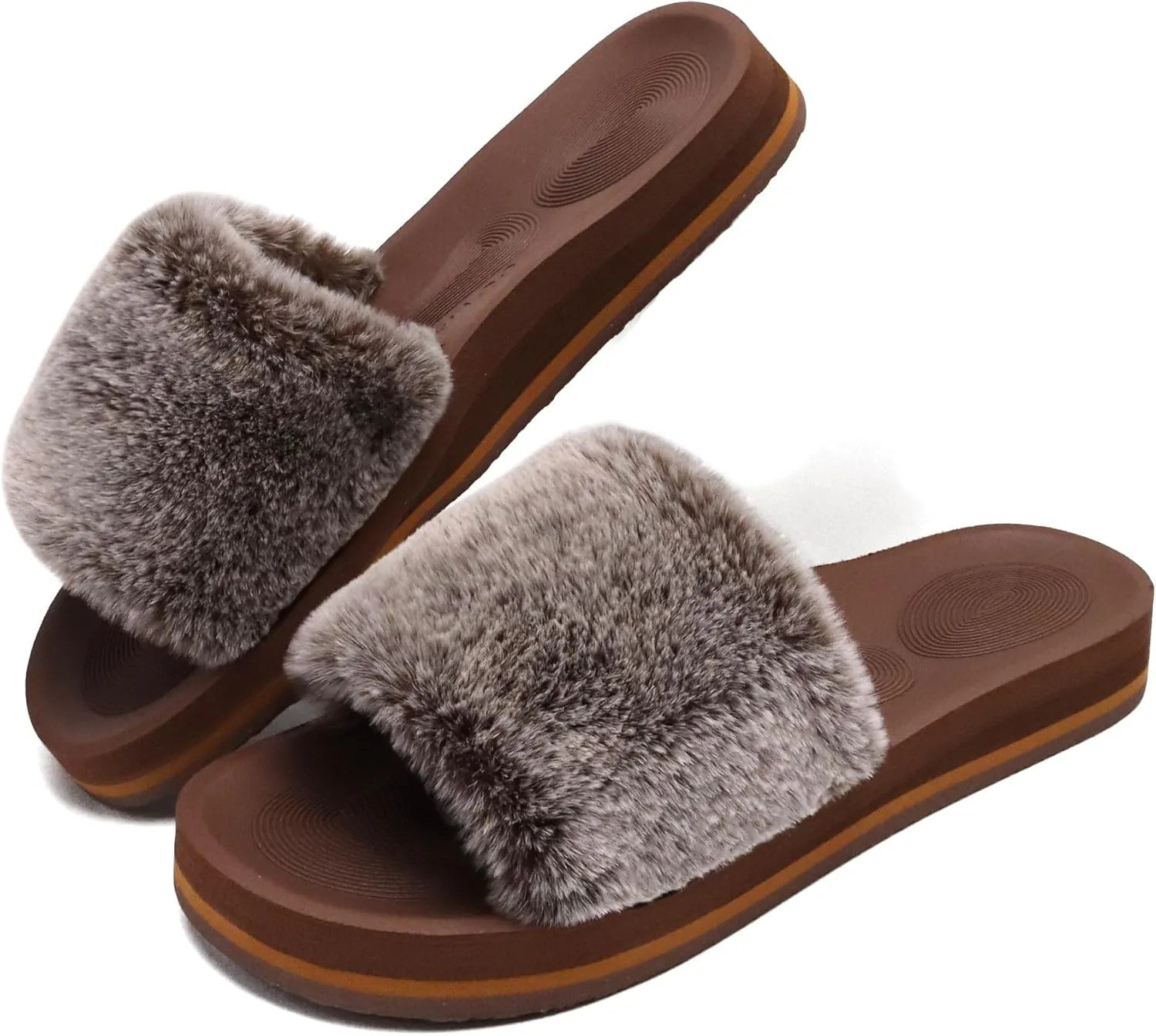 COFACE Womens Slides Fuzzy Slippers Open Toe Fluff Slippers With Arch Support Plantar Fasciitis Orthotic Slippers Women House Shoes