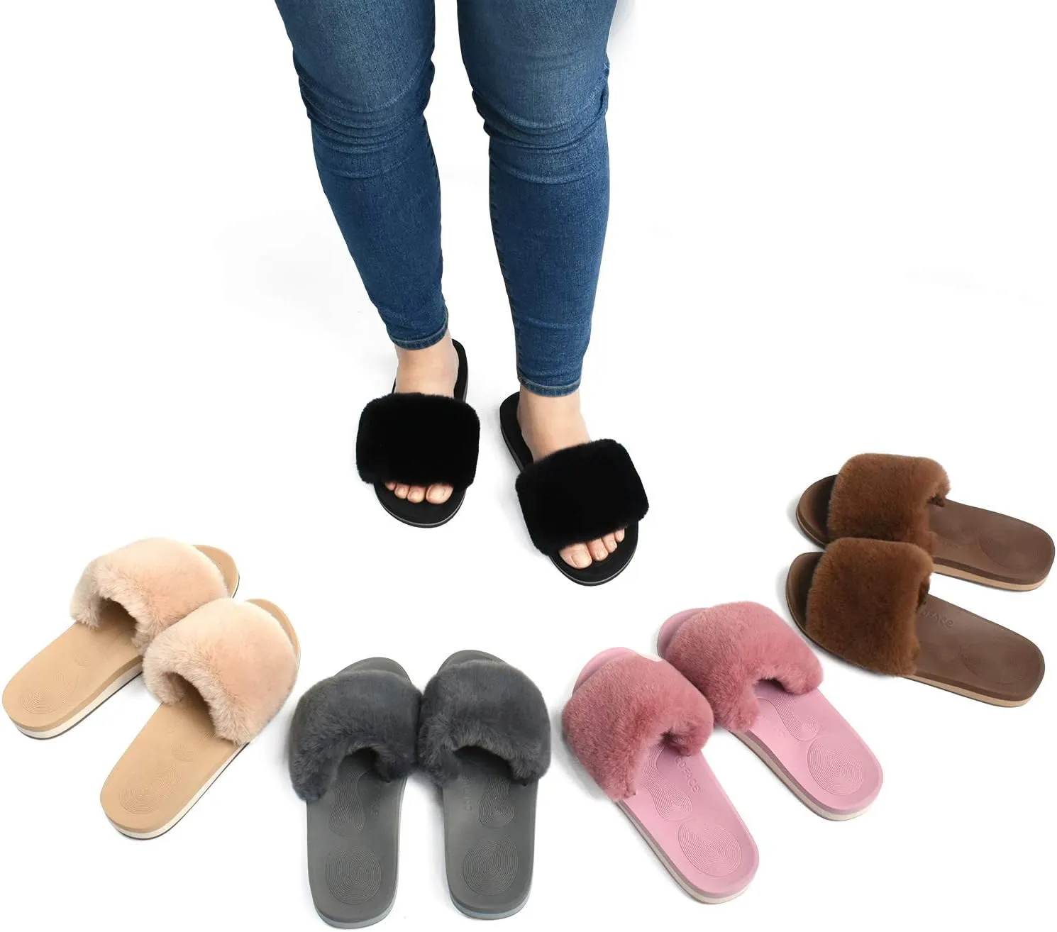 COFACE Womens Slides Fuzzy Slippers Open Toe Fluff Slippers With Arch Support Plantar Fasciitis Orthotic Slippers Women House Shoes