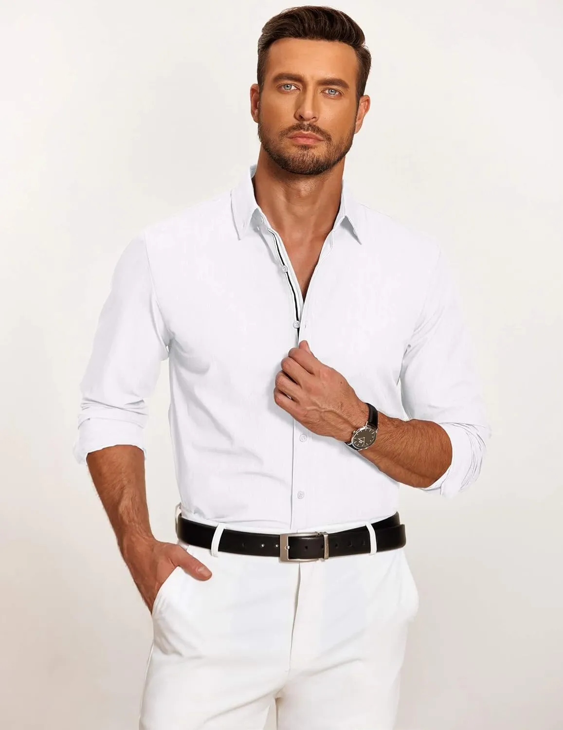 COOFANDY Mens Casual Button Down Shirt Untucked Long Sleeve Stretch Denim Dress Shirt