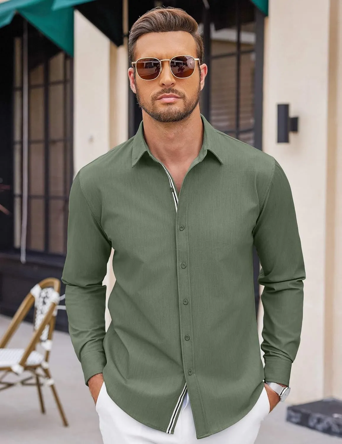 COOFANDY Mens Casual Button Down Shirt Untucked Long Sleeve Stretch Denim Dress Shirt