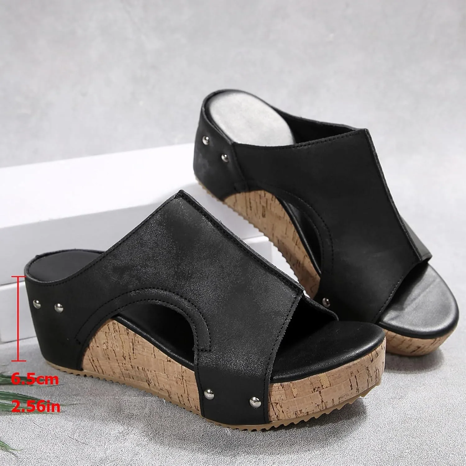 Cork Wedges & Platform Slides for Women,Women's Thick Sole Comfy Leather Wedge Non-slip Summer Sandals