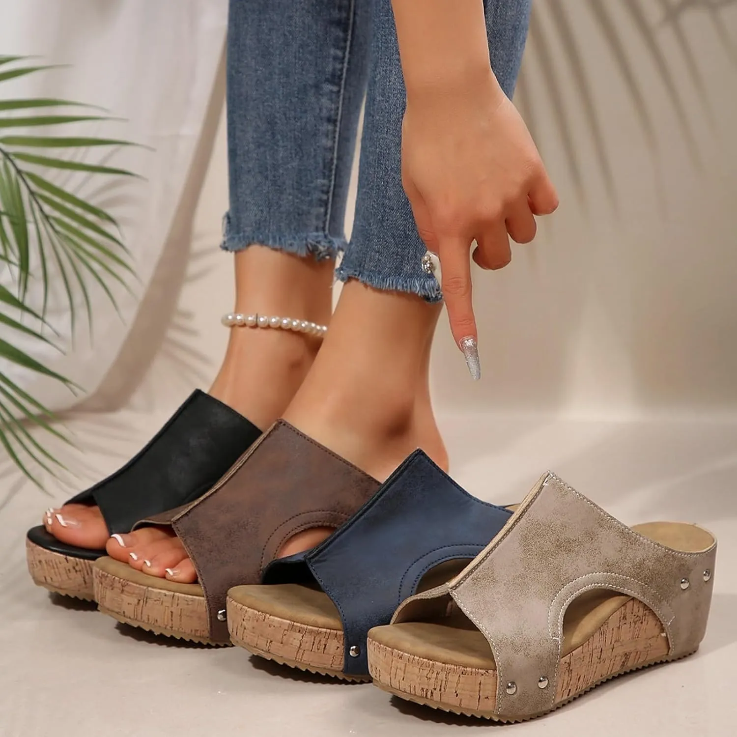 Cork Wedges & Platform Slides for Women,Women's Thick Sole Comfy Leather Wedge Non-slip Summer Sandals
