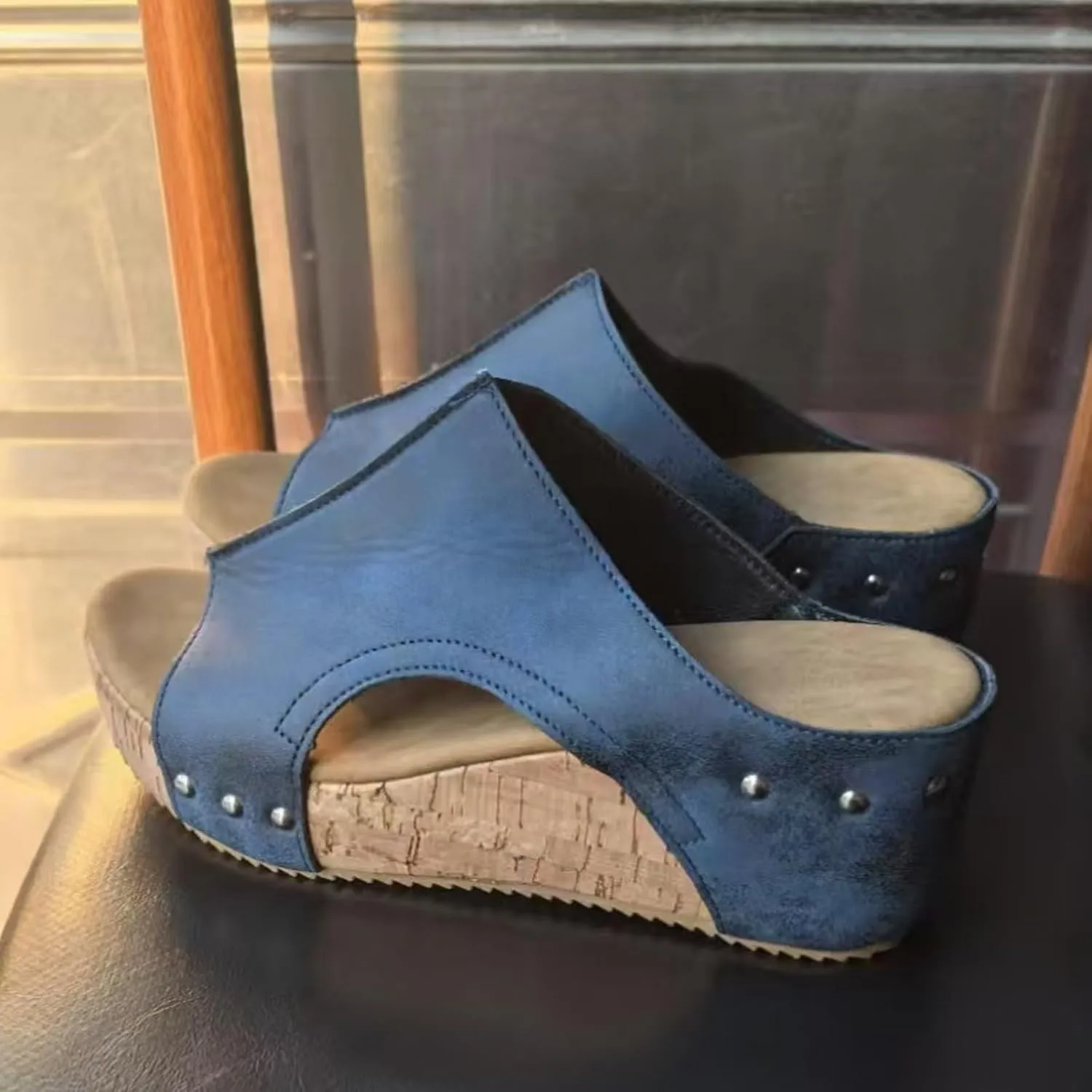 Cork Wedges & Platform Slides for Women,Women's Thick Sole Comfy Leather Wedge Non-slip Summer Sandals