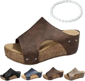 Cork Wedges & Platform Slides for Women,Women's Thick Sole Comfy Leather Wedge Non-slip Summer Sandals