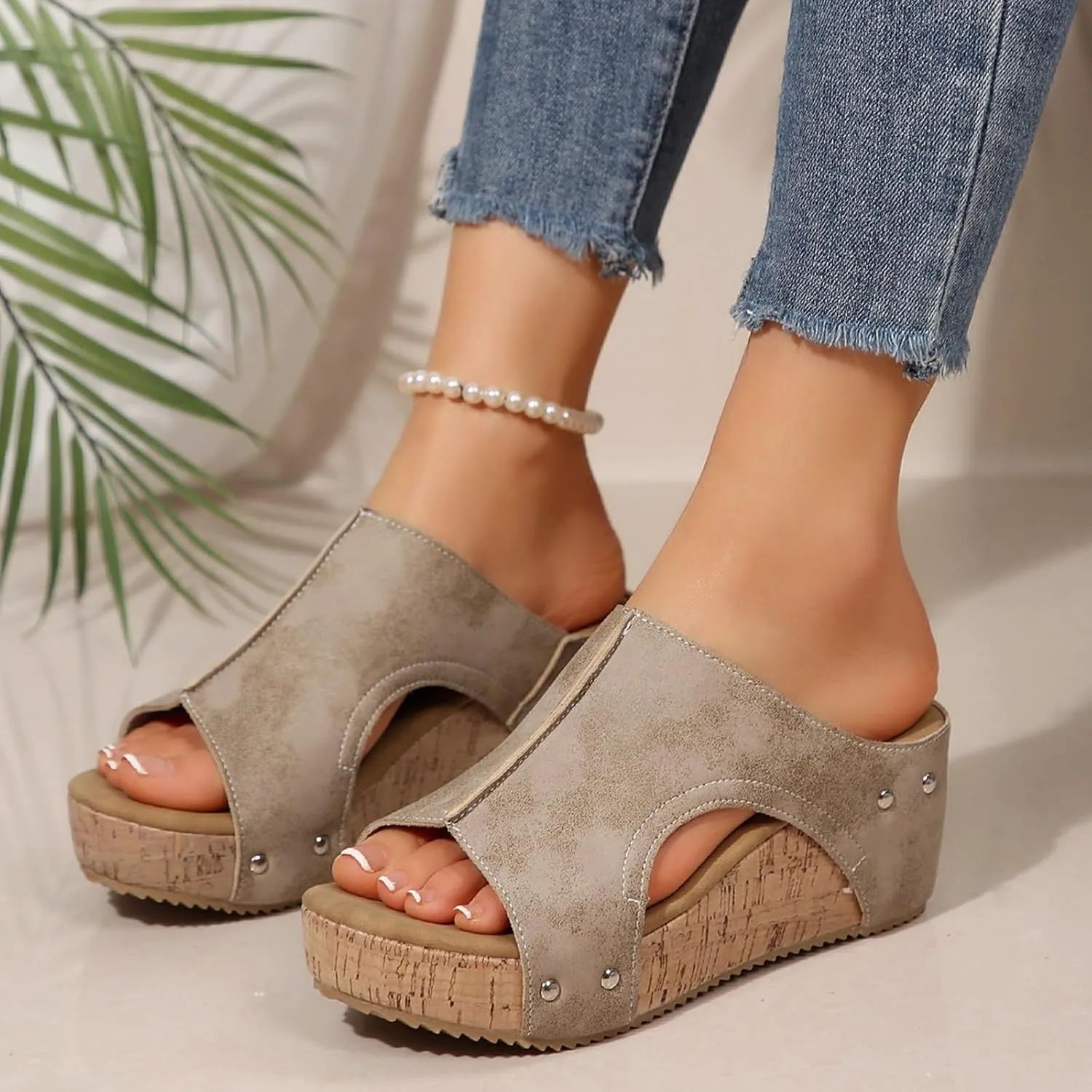 Cork Wedges & Platform Slides for Women,Women's Thick Sole Comfy Leather Wedge Non-slip Summer Sandals