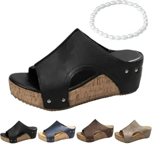 Cork Wedges & Platform Slides for Women,Women's Thick Sole Comfy Leather Wedge Non-slip Summer Sandals