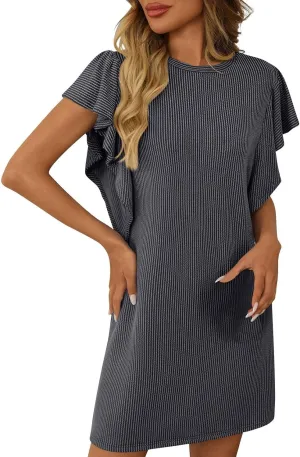 Cotton Striped Ribbed T Shirt Dress for Women Casual Short Sleeve Loose Fit Summer Streetwear 2025 Weekend