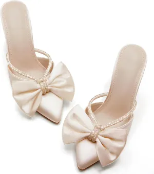 Coutgo Womens Bow Heels Mules Pointed Closed Toe Sandals Rhinestone Satin Backless Wedding Shoes