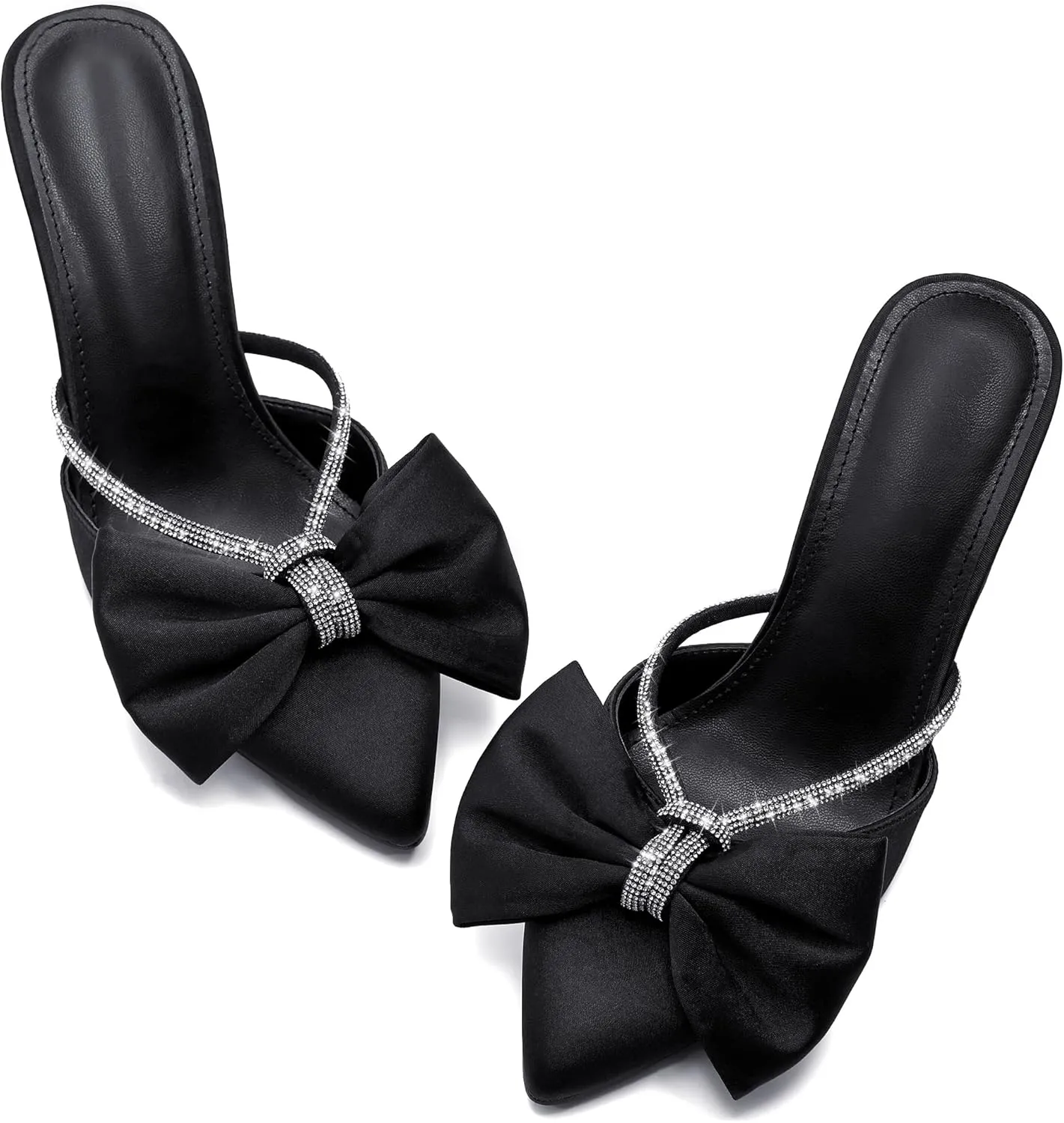 Coutgo Womens Bow Heels Mules Pointed Closed Toe Sandals Rhinestone Satin Backless Wedding Shoes