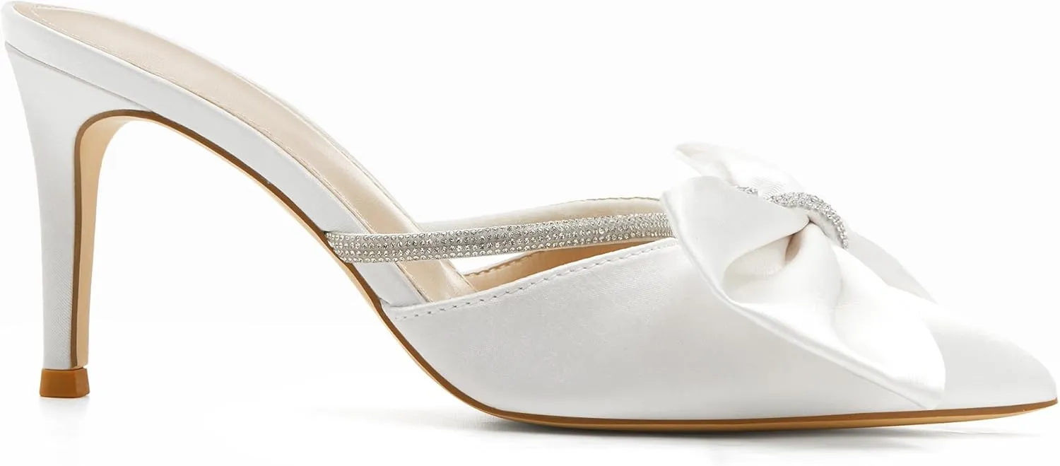 Coutgo Womens Bow Heels Mules Pointed Closed Toe Sandals Rhinestone Satin Backless Wedding Shoes