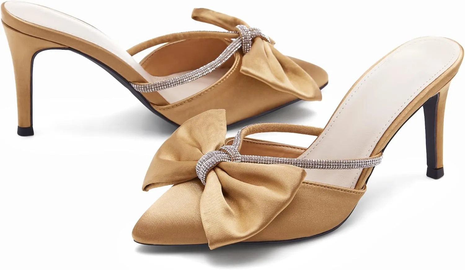 Coutgo Womens Bow Heels Mules Pointed Closed Toe Sandals Rhinestone Satin Backless Wedding Shoes