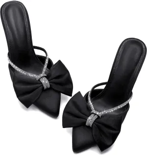 Coutgo Womens Bow Heels Mules Pointed Closed Toe Sandals Rhinestone Satin Backless Wedding Shoes