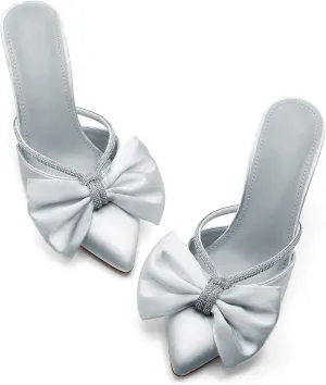 Coutgo Womens Bow Heels Mules Pointed Closed Toe Sandals Rhinestone Satin Backless Wedding Shoes